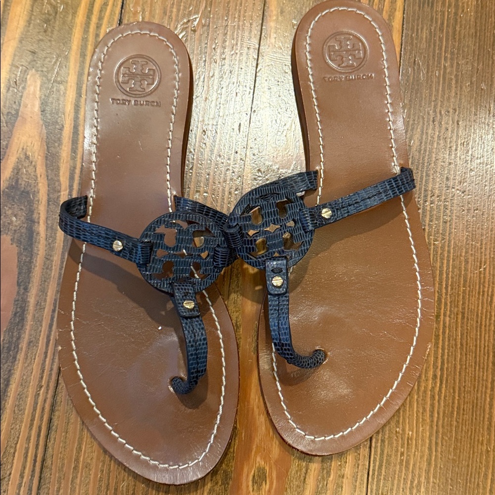 Tory Burch Navy and Brown Thong Sandals